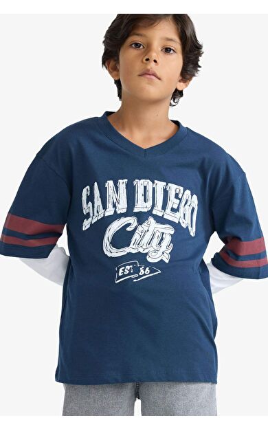 Erkek Çocuk Oversize Geniş Kalıp V Yaka Baskılı Uzun Kollu Tişört