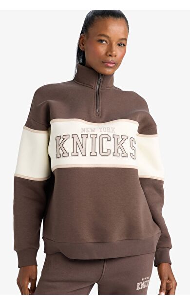 DeFacto DeFactoFit NBA New York Knicks Oversize Fit Yarım Fermuarlı Sporcu Sweatshirt