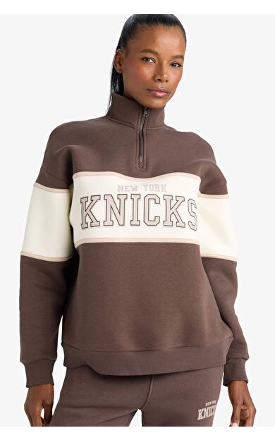 DeFacto DeFactoFit NBA New York Knicks Oversize Fit Yarım Fermuarlı Sporcu Sweatshirt