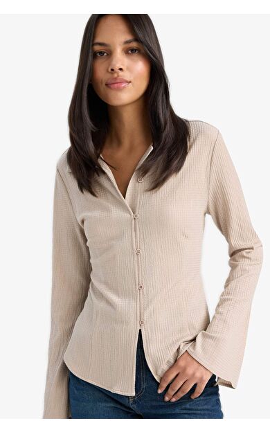Regular Fit Gömlek Yaka Bürümcük Uzun Kollu Bluz