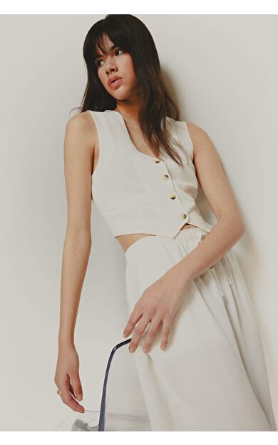 V Yaka Keten Karışımlı Beyaz Blazer Yelek E9757AX25SPWT32