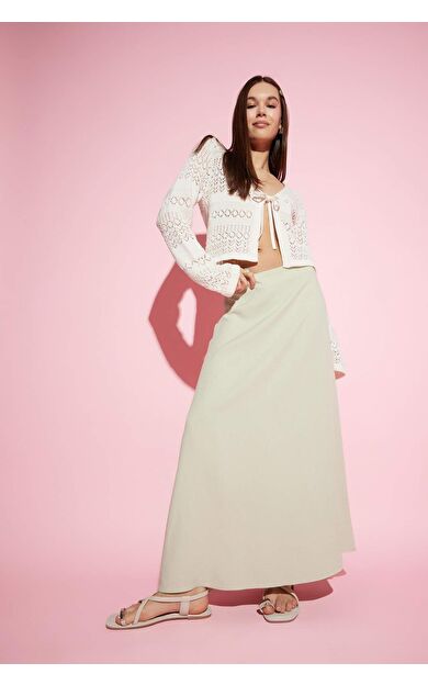 A Kesim Yüksek Bel Keten Karışımlı Maxi Etek