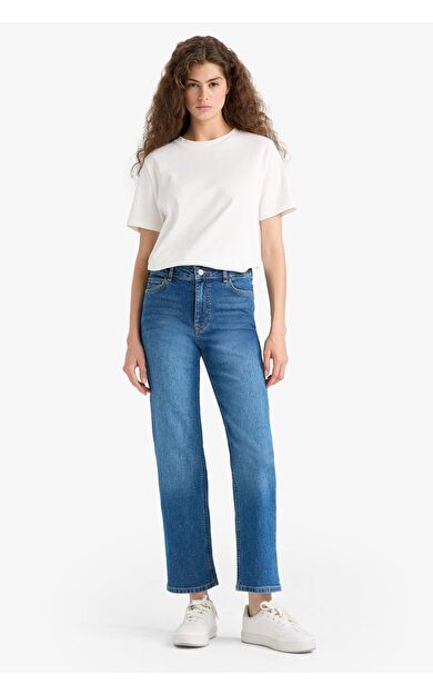 DeFacto Comfort Straight Yüksek Bel Bilek Boy Jean Yıkamalı Pantolon E9818AX25AUNM34