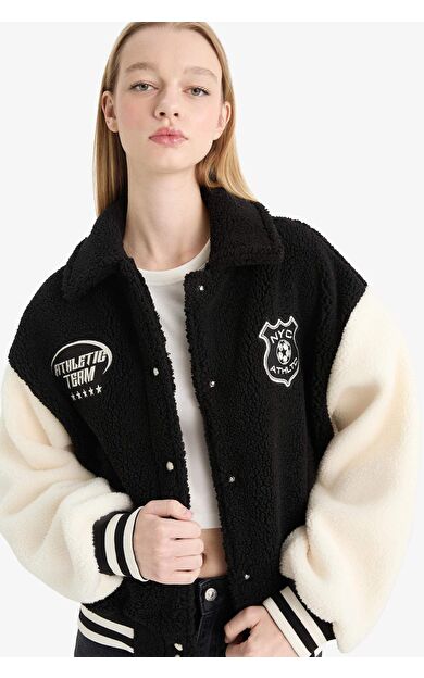 DeFacto Coool Oversize Geniş Kalıp Polo Yaka Pelüş Bomber Ceket E9837AX25WNBK81