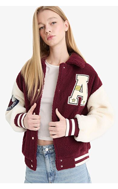 DeFacto Coool Oversize Geniş Kalıp Polo Yaka Pelüş Bomber Ceket E9838AX25WNBR210