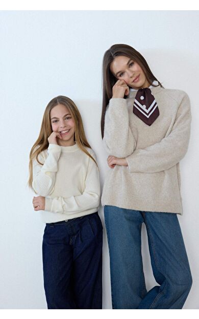 Kız Çocuk Fitted Bisiklet Yaka Ribana Kazak