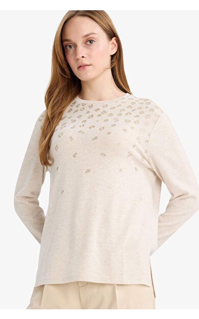 Regular Fit Bisiklet Yaka Taş Detaylı Uzun Kollu Tişört