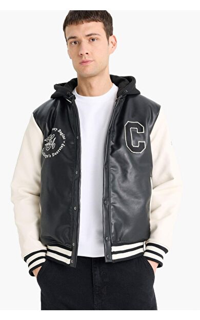 Regular Fit Kolej Yaka Çıkarılabilir Kapüşonlu Çıtçıtlı Suni Deri Bomber Mont