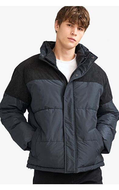 Oversize Geniş Kalıp Dik Yaka Kadife Detaylı Peluş Astarlı Mont