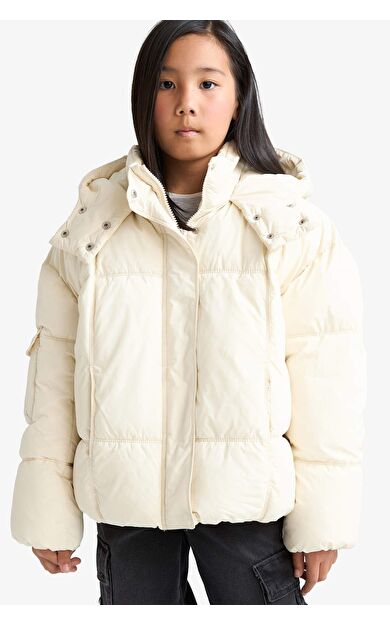 Kız Çocuk Kapüşonlu Fermuarlı Şişme Mont