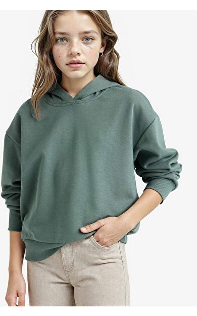 DeFacto Kız Çocuk Relax Fit Kapüşonlu Basic Düz Sweatshirt F0008A825AUGN470