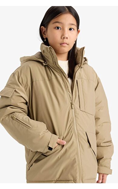 Kız Çocuk Çıkarılabilir Suni Kürk Yaka Kapüşonlu Parka