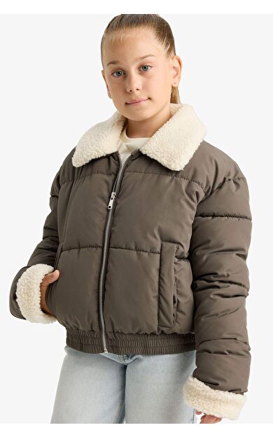 Kız Çocuk Pelüş Yakalı Fermuarlı Mont