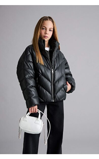 Kız Çocuk Dik Yaka Fermuarlı Şişme Mont