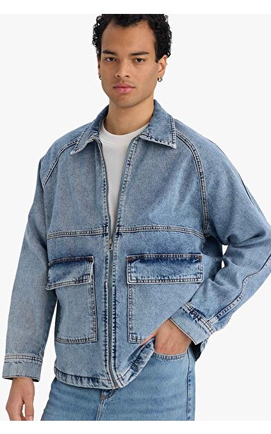 DeFacto Relax Fit Fermuarlı Denim Ceket
