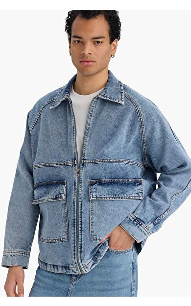 Relax Fit Fermuarlı Denim Ceket