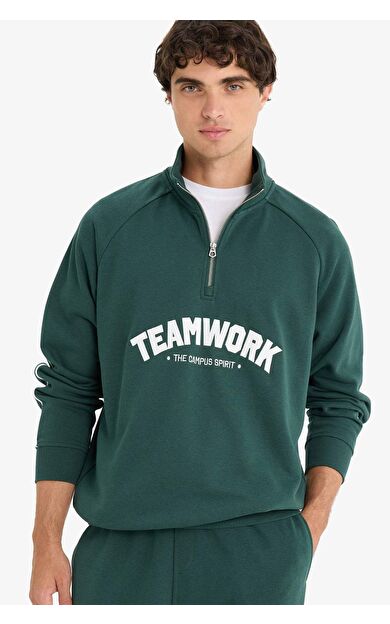 DeFacto Boxy Fit Dik Yaka Fermuarlı Baskılı Sweatshirt