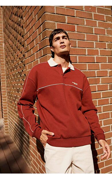 DeFacto Boxy Fit Polo Yaka Slogan Baskılı Sweatshirt