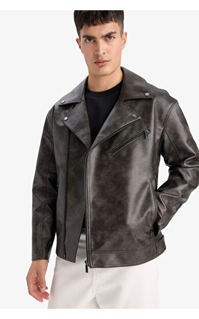 Slim Fit Dar Kesim Polo Yaka Fermuarlı Suni Deri Mont