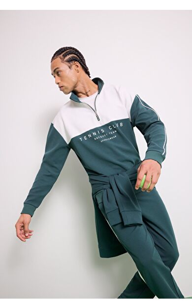 DeFacto DeFactoFit Boxy Fit Dik Yaka Yarım Fermuarlı Baskılı Sporcu Sweatshirt