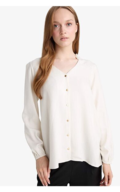 DeFacto Regular Fit Bisiklet Yaka Simli Kumaş Uzun Kollu Gömlek