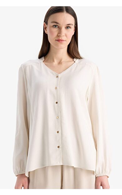 Regular Fit Bisiklet Yaka Simli Kumaş Kısa Kollu Bluz