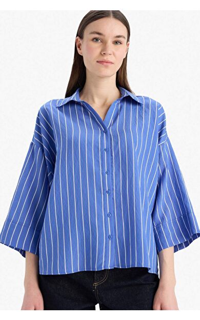 DeFacto Regular Fit Çizgili Geniş Uzun Kollu Gömlek
