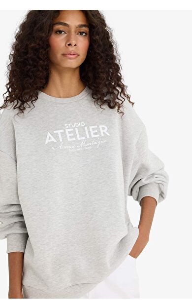 DeFacto Oversize Geniş Kalıp Bisiklet Yaka Baskılı Kalın Sweatshirt F0274AX25AUGR93