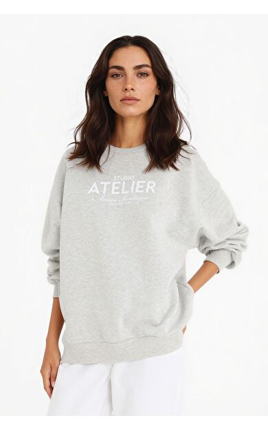 DeFacto Oversize Geniş Kalıp Bisiklet Yaka Baskılı Kalın Sweatshirt F0274AX25AUGR93