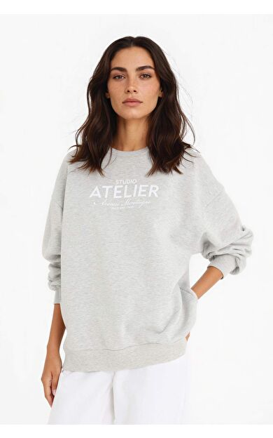 DeFacto Oversize Geniş Kalıp Bisiklet Yaka Baskılı Kalın Sweatshirt F0274AX25AUGR93