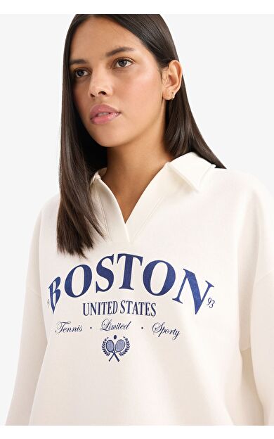 DeFacto Relax Fit Polo Yaka Baskılı Kalın Sweatshirt Kumaşı Sweatshirt