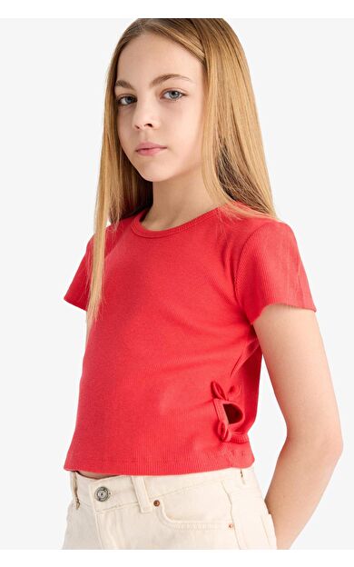 DeFacto Kız Çocuk Slim Fit Dar Kesim Bisiklet Yaka Fitilli Kaşkorse Kısa Kollu Tişört F0306A825SMRD87