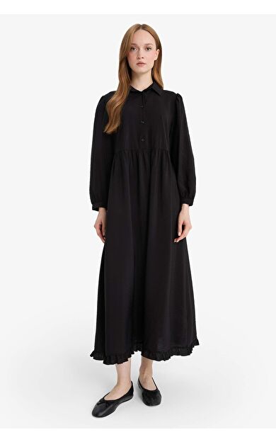 Gömlek Yaka Uzun Kollu Maxi Elbise
