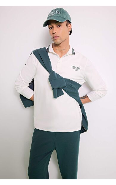 DeFactoFit Standart Fit Polo Yaka Baskılı Sporcu Uzun Kollu Tişört