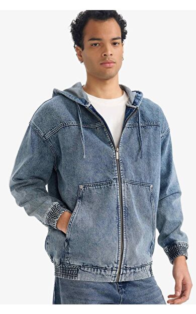 DeFacto Oversize Geniş Kalıp Kapüşonlu Fermuarlı Denim Ceket
