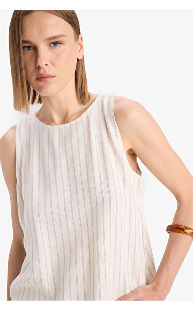 DeFacto Yılbaşı Temalı Regular Fit Bisiklet Yaka Çizgili Keten Karışımlı Kolsuz Bluz