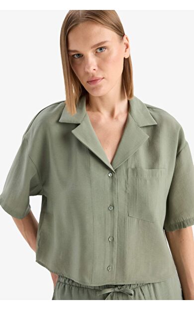 DeFacto Loose Fit Ceket Yaka Modal Kısa Kollu Gömlek F0399AX25SPGN460