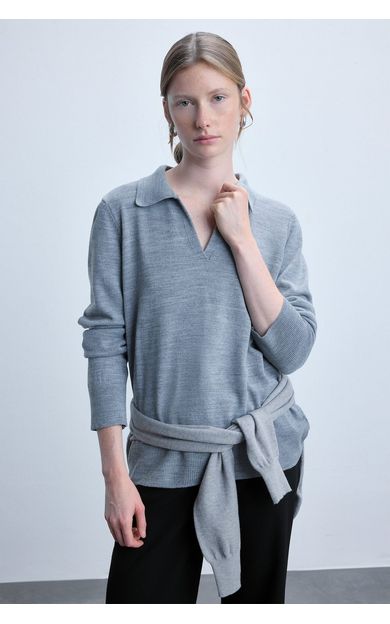 DeFacto Regular Fıt Polo Yaka Kazak Gri F0405AX26WNGR158