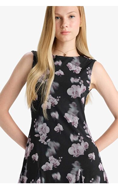 Coool Bisiklet Yaka Desenli Tül Kolsuz Mini Elbise