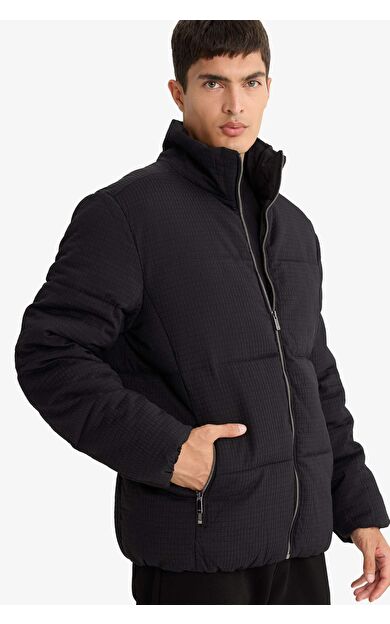 Regular Fit Dik Yaka Astarlı Fermuarlı Cepli Kışlık Mont
