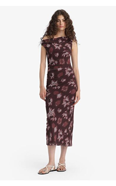 DeFacto Bodycon Vücudu Saran Açık Omuz Floral Tül Uzun Kollu Maxi Elbise