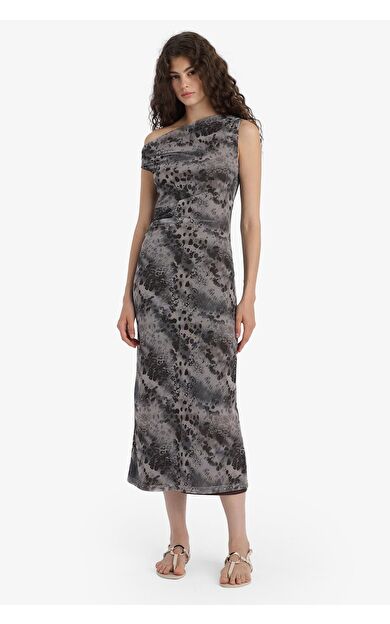 DeFacto Bodycon Vücudu Saran Açık Omuz Floral Tül Uzun Kollu Maxi Elbise
