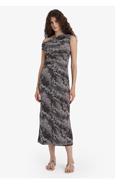 Bodycon Vücudu Saran Açık Omuz Floral Tül Uzun Kollu Maxi Elbise