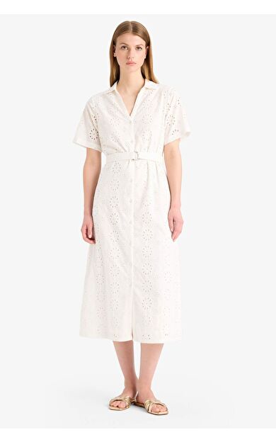 Gömlek Yaka Brode Kısa Kollu Midi Elbise