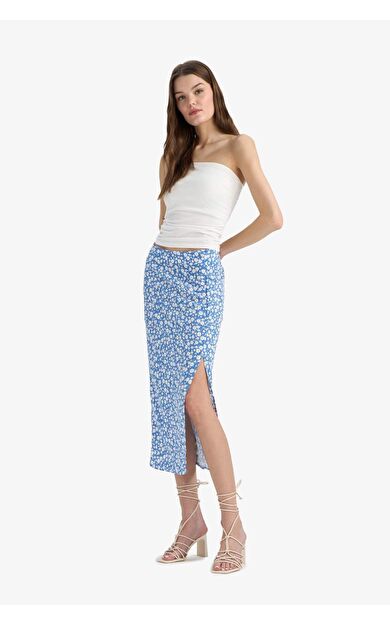A Kesim Desenli Yüksek Bel Yırtmaçlı Midi Etek F0526AX25SPBE515