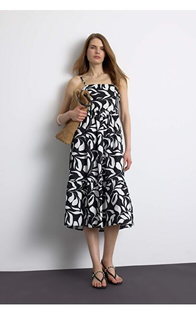 Desenli Keten Görünümlü Askılı Midi Elbise