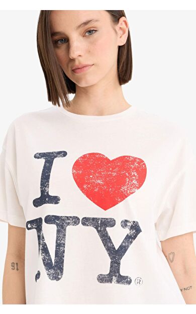 DeFacto Coool I Love NY Oversize Geniş Kalıp Bisiklet Yaka Baskılı Kısa Kollu Tişört
