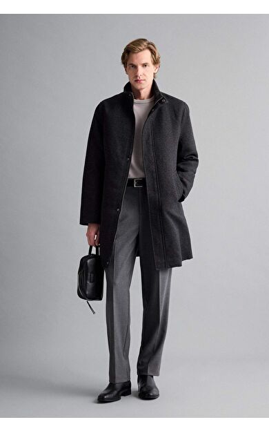 Regular Fit Dik Yaka Cepli Fermuarlı Astarlı Kaşe Parka