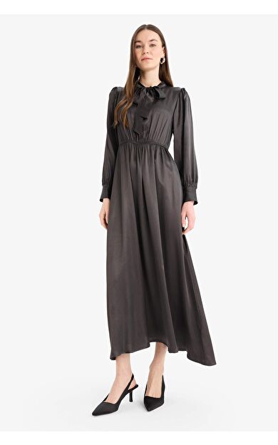 Regular Fit Fiyonk Yaka Saten Uzun Kollu Midi Elbise