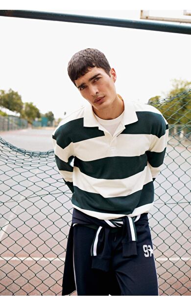 DeFacto Boxy Fit Polo Yaka Çizgili Sweatshirt F0857AX25AUGN536